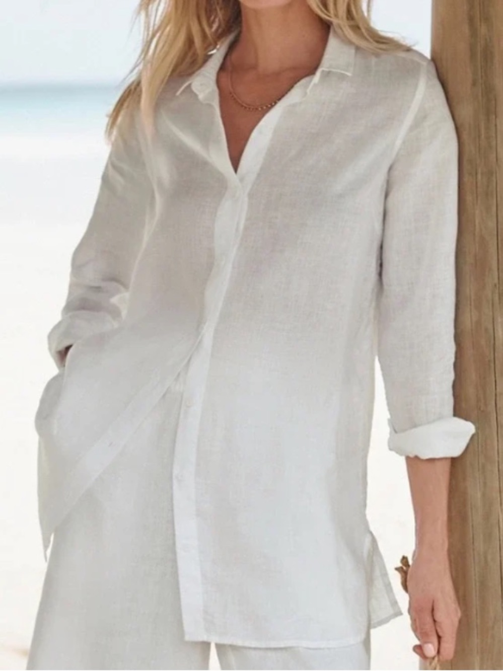 Garnet Hill White Linen L/S Top Swim Cover